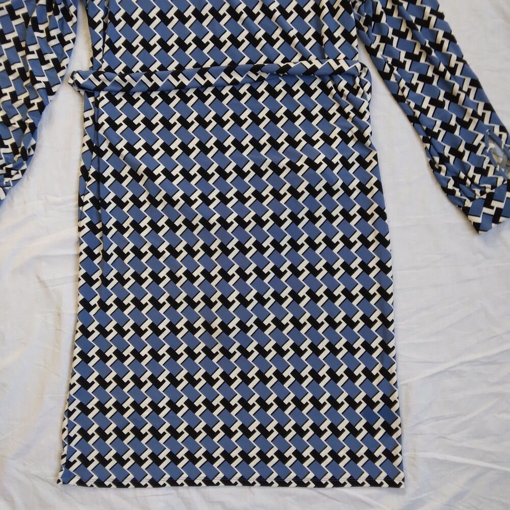 Anne Klein Long Sleeve Sheath Dress Belted Blue Black Geometric Retro Size S - Picture 11 of 16